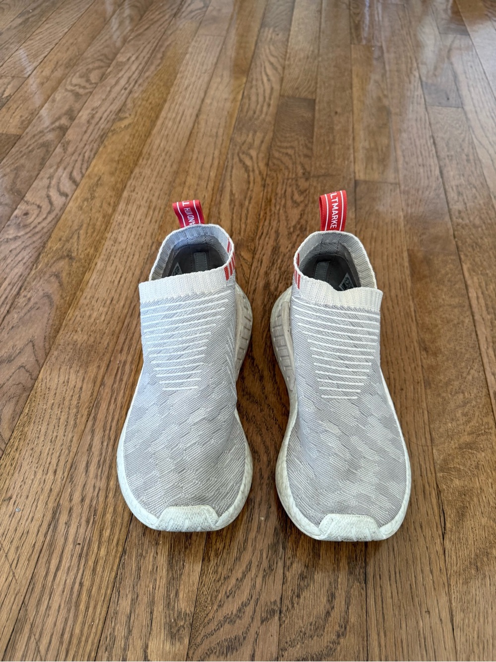 Adidas NMD Sock Slip-On Sneakers in Light Gray with Red Heel